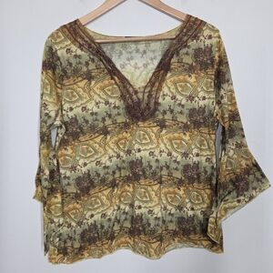 Vtg Y2K Hiatus Paisley Bell Flare Sleeve Top Woodland Forest Fairy Boho Large